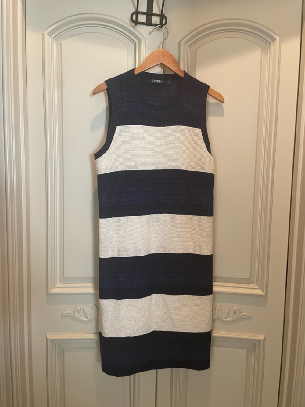 Lauren Ralph Lauren Navy and White Striped Knit Sheath Dress